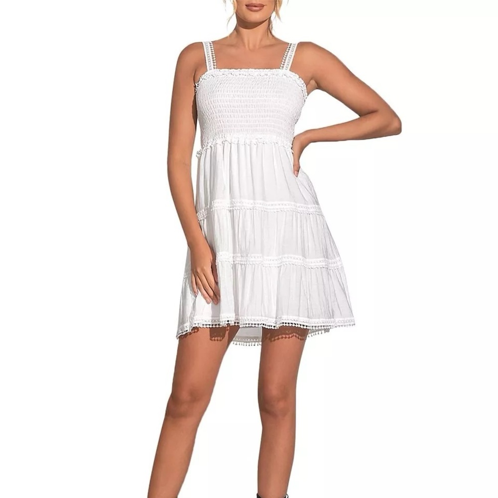 Elan Elegant White Smocked Mini Dress